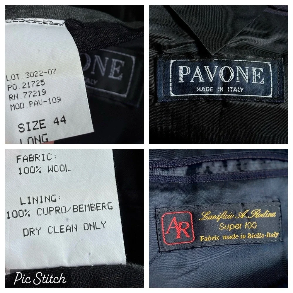Vtg Pavone Italy Super 100 Suit Men's 44L 33x31 Pleated Navy Blue Pinstripe Boss